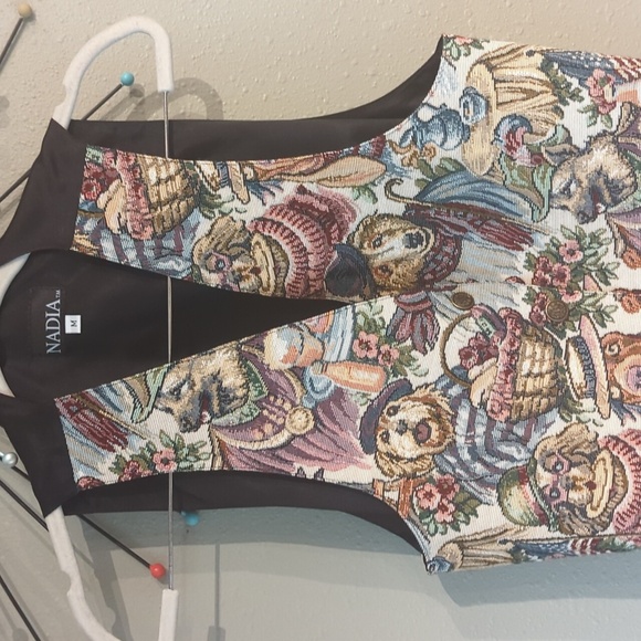 Nadia Dog Vest Vintage Y2K Button Down USA Made Italian Fabric Medium Tapestry - Picture 3 of 10